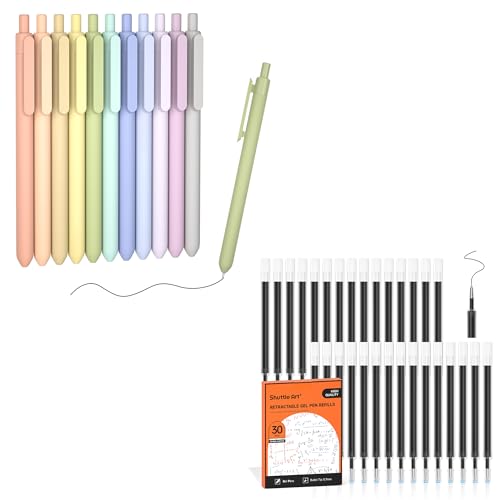 Shuttle Art School & Work Supplies Bundle, 11 Pack Mild Gel Ink Pens in black ink, 0.5mm Tip + 30 Pack Black Retractable Gel Pen Refills 0.7mm for Writing Journaling Taking Notes School Offi