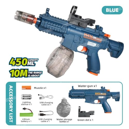 Image of VikriDA M416 Submachine Electric Automatic Water Gun with Sensor Light Silencer & Green Dot Scope | Free Extra Rechargeable Battery | 10m Range, 450CC Capacity | Multicolor