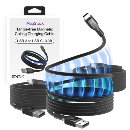 Image of Statik MagStack USB A to USB C Coiling Magnetic Charging Cable, 27W | Nylon Braided Tangle-Free Design, Magnetic Coiling, Data Transfer, Compatible with iPhone & Android, 3FT Black, 3 Pack
