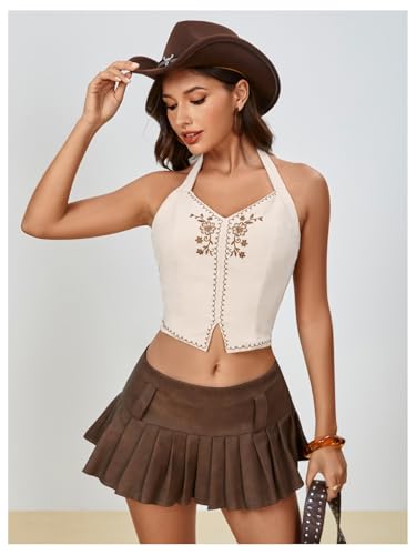 MakeMeChic Women's Vest Top Floral Print Halter V Neck Asymmetrical Hem Sleeveless Vintage Crop Top4