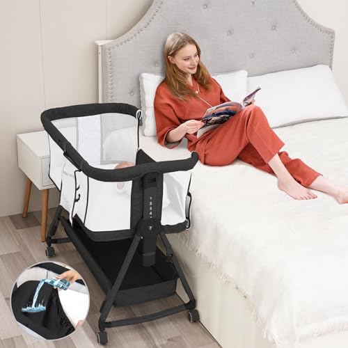 Image of zebrater Baby Bassinet Bedside Sleeper with Storage Basket and Wheels,All Mesh Bedside Bassinet for Baby,7 Adjustable Height Portable Bedside Crib Co Sleeper for Newborn/Infant(3 in 1,Black)