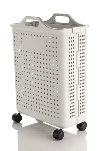 Image of Dillard's Plastic Laundry Hamper on Wheels, White, Foldable with Handles, Rolling, Modern, 30 Litres