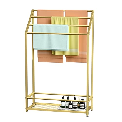 4-Tier Extra Wide Freestanding Towel Rack, Heavy-Duty Metal Towel Drying Stand for Bathroom, Poolside & Spa (Matte Gold, 27.6″ Wide)