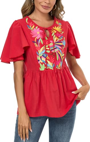 Image of Mexican Shirts Peasant Blouses for Women Cotton Embroidered Blouses Fiesta Summer Bohemian Shirts 3 /4 Sleeves