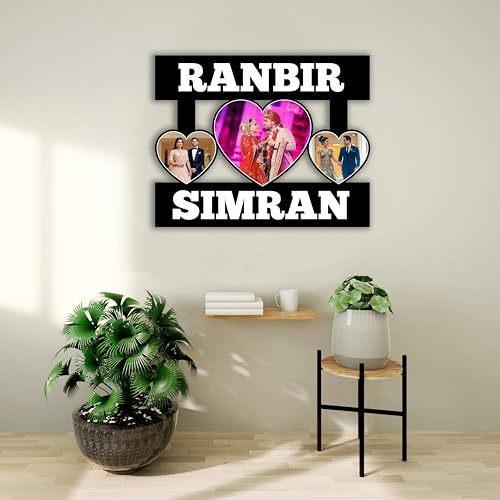 Image of Shrikant Art Personalized Couple Multi-Photo Collage Wall Hanging - Custom Name Wooden Picture Frame with 3 Heart-Shaped Photo Slots for Weddings and Anniversaries