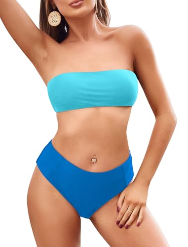 Image of ZAFUL Women's High Cut Bandeau Bikini Set Strapless Solid Color 2 Pieces Bathing Suit Swimsuit