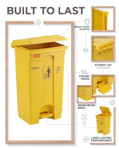 Image of pedal dustbin with lid, heavy duty plastic garbage bin, hands-free step-on waste bin for kitchen, office, home, hotel, bathroom & outdoor use (Mango Yellow, 65 Liters)