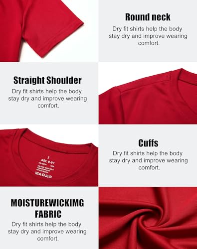 HovSiyla 5 Pack Boys Athletic Shirt Quick Dry Short Sleeve Performance Moisture Wicking T Shirt for Youth Black White Sky Blue Blue Red M