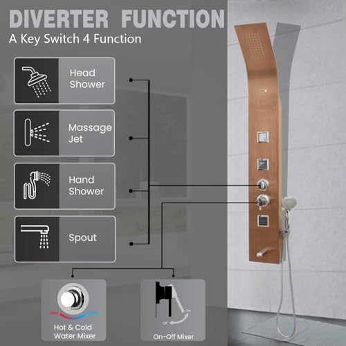 Image of JAAZ | Imperial Rose Gold Shower Panel Tower System | 3 Body Jets, Tub Spout & Hand Shower with 3 Modes | Adjustable Knobs | Bathroom Shower Set