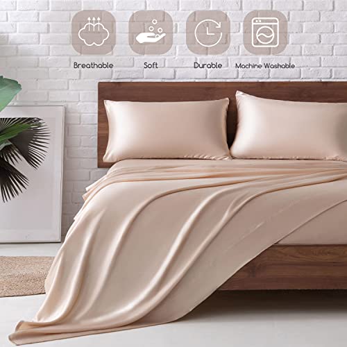 Image of MR&HM Satin Bed Sheets, Full Size Sheets Set, 4 Pcs Silky Bedding Set with 15 Inches Deep Pocket for Mattress (Full, Champagne)