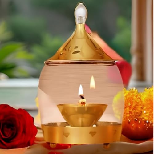 Image of Brass Akhand Diya with Borosilicate Glass Cover and Oil Lamp for Home, Office, Puja, Mandir, Decorative Lantern Diya with Shade Cover for Prayer