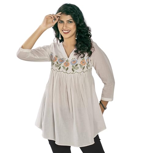 Image of Women's Viscose Cotton Embroidered Tunic Dress | Ethnic Motif 3 /4 Sleeve V-Neck Dress