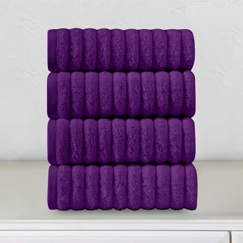 Image of Elegant Comfort Luxury 100% Turkish Cotton Corduroy Ribbed 4 Pack Hand Towel Set 16 x 28 Inch - Absorbent, Super Soft, Quick Dry, Premium Towels for Bathroom, Gym, Spa and Hotel Use, Purple