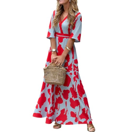 XNC Womens Summer Fall Cross V Neck Short Sleeve Party Long Dresses Red Boho Floral Flowy Split Cocktail Maxi Dress