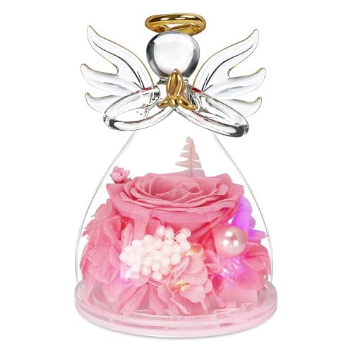 Image of Preserved Flowers for Delivery Prime,Birthday Gifts for Women Mom Grandma | Christmas Rose Gifts for Women Her Grandma,Preserved Light Up Rose In Glass Angel Figurines,Wife Mom Women Stocking Stuffers