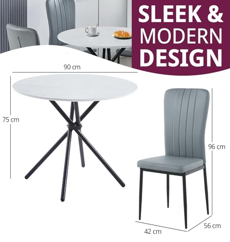 Mesa de comedor redonda Cullompton con acabado efecto mármol y sillas grises de alta comodidad 3