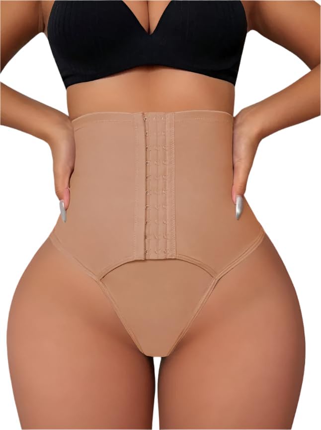 Women's High-Waisted Tummy Control Shapewear Bodysuit - Medium Support Thong Panties with Hook-and-Eye Closure