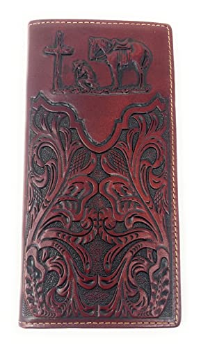 Texas West Western Men's Laser Cut Genuine Leather Praying Cowboy Long Bifold Wallet (Coffee/Brown)