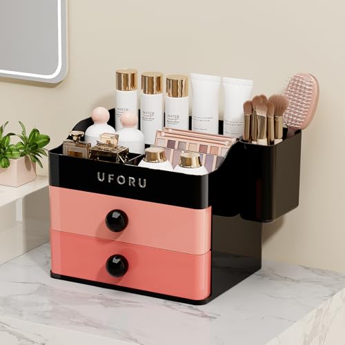 Image of UFORU Makeup Organizer for Vanity with Brush Holder, Countertop Skincare Organizer with 2 Drawers, Spacious Cosmetic Display Case for Perfumes, Eyeshadow Palettes, Nail Polishes