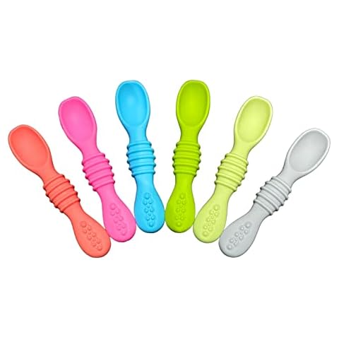 6 Piece Silicone Weaning Baby Spoons for Toddlers and Baby led weaning Baby Weaning BPA-Free Baby Toddler Feeding Flexible Silicon Spoon. Eco Friendly Feeding Training Spoon Cover