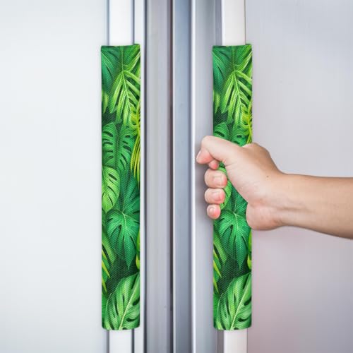 Image of Pardick Summer Palm Leaf Green Refrigerator Door Handle Covers Set of 2 Summer Palm Leaf Green Washable Fridge Dishwasher Mocrowave Oven Door Decor Protector Handle Cover Kitchen Appliance Decorative