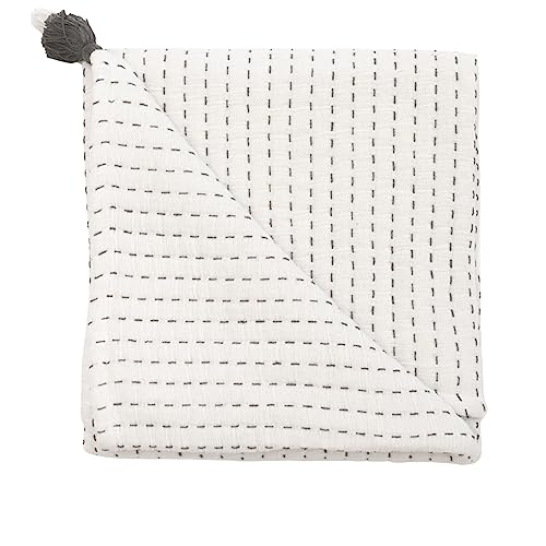 Image of Crane Baby White and Black Stitched Stripe Blanket, Soft Cotton Nursery and Stroller Blanket, 100% Cotton, 36" x 36"