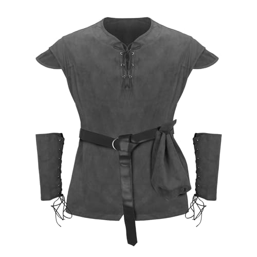 Nonnyer Costume Men Shirt Knight Vest Renaissance Waistcoat Disfraz de Pirata para Hombre, Medieval, Vikingo, Camisa, Caballero, túnica, Chaleco renacentista, Gris, Large