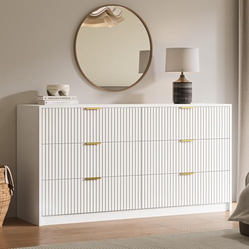 Image of MAISONARIA White 6 Drawer Dresser for Bedroom, 55 inch Wide Modern Chest of Drawers with Gold Metal Handles, Fluted Wood TV Stand for Living Room, Hallway