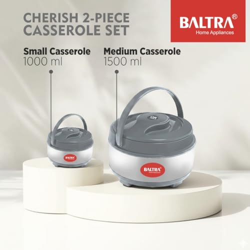 Image of BALTRA Inner Stainless Steel Thermoware Casserole Set with Lid for Roti /Chapati | (1000ml, 1500ml) Insulated Hot Pot for Hot Meal /Chapati /Curry Set /Biryani | Serving Bowl with Lid (Cherish Set of 2)