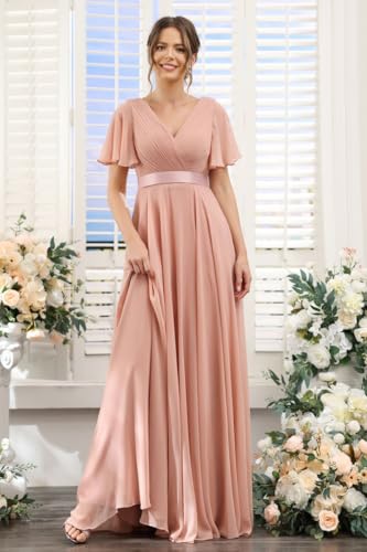Image of TIRAS Women's Ruched Chiffon Mauve Bridesmaid Dresses Plus Size with Pockets Simple V Neck Formal Dress Long with Flutter Sleeves 2025 Plus Size 18W