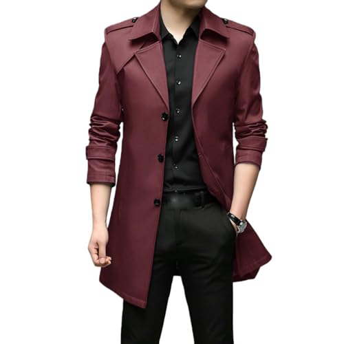 Trench homme mi-long ajusté XL résistant au vent : manteau vin rouge uni avec fente arrière