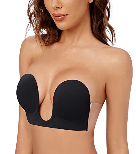 Wekofi Women's Plunge Backless Strapless Bra Push Up Adhesive Sticky Invisible Padded Underwire Bra(DD,Black)