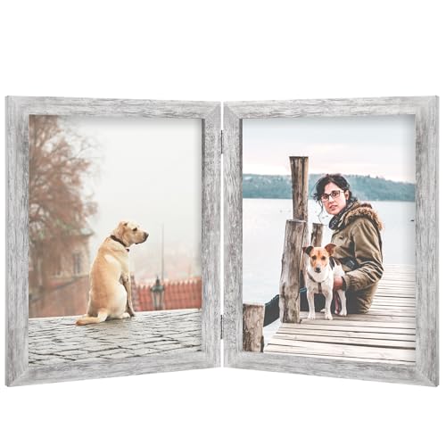 FOREV 8x10 Double Picture Frame Distressed White Wooden Hinged Photo Frame