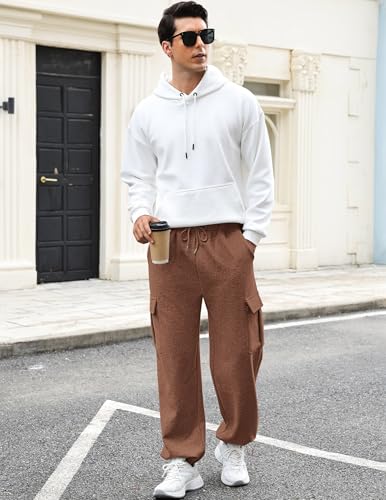 3rd hill Men's Fleece Cargo Sweatpants Loose Fit Cotton Joggers with 5 Pockets Open Bottom for Gym Hiking Casual Wear Brown L — view 3