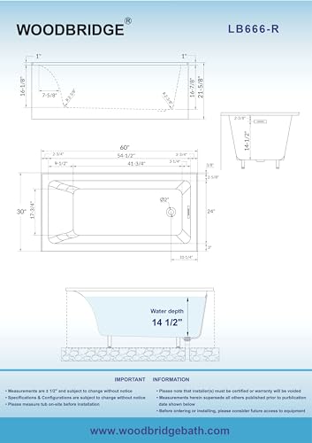 Image of WOODBRIDGE 60 inch Acrylic Rectangular Alcove Soaking Bathtub in White with Right Drain, Brushed Nickel pop-up Drain Included, LB666-R