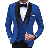 Herren 3 Teiliger, Stilvoller Anzug mit Schmaler Passform Schal Revers Ein Knopf Abschlussball Blazer Sets Casual Party Hochzeit Jacke Weste Hosen Set (Blau 2,XS)