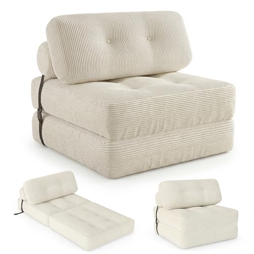 Image of COSTWAY Folding Sofa Bed with Pillow, Convertible Couch (Beige)