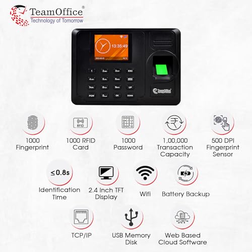 Image of Team Office Z305W Biometric Attendance Machine | Cloud Software Supported | Fingerprint + RFID Card + Password | Wi-Fi | Battery Backup | Real-Time Employee Time Tracking | Office