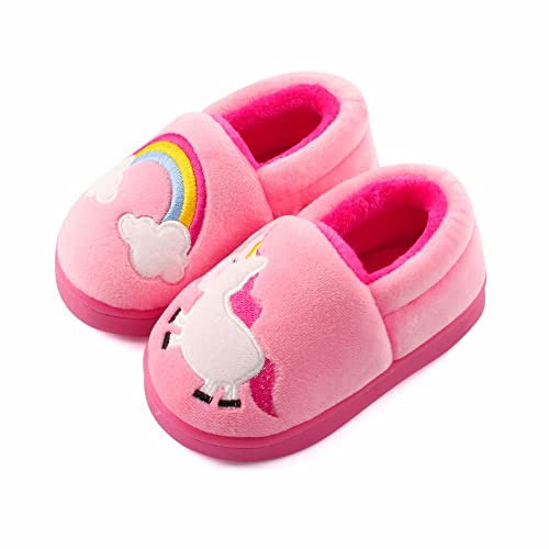 ESTAMICO Girls Plush Warm Slippers Cute Animal Kids Winter Indoor Outdoor House Shoes, Pink 9-10 Toddler