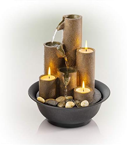 Alpine Corporation Tiered Column Tabletop Fountain with 3 Candles, Mini Waterfall for Indoor Spaces, Relaxation Water Feature, 11" Tall, Brown