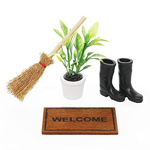 Odoria Miniature 1/12 Bottes de Pluie Plante Tapis et Balai Accessoire Maison de Poupée