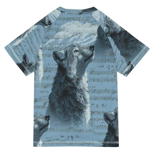 Boys Short Sleeve T-Shirts Music Note Wolves Rashguard Kids Swim Shirts Sun UPF 50+2