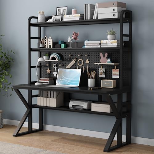 Escritorio de madera maciza con estantes de almacenamiento y tablero de clavijas, mesa de trabajo moderna para oficina en casa, estudio, escritorio grande y resistente con características de nization