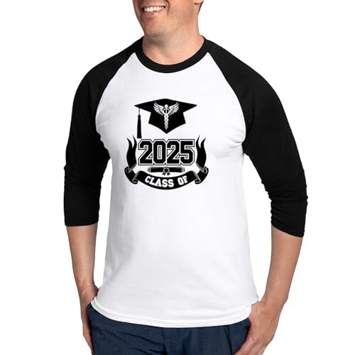 CafePress Caduceus Medical School Graduate Class of 2025 Men's Cotton Baseball Jersey, 3/4 Raglan Sleeve Shirt Black/White