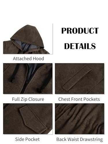 Image of ZIWOCH Mens Trench Coat Wool Blend Hoodie Long Jacket Full Zip Winter Classic Business Overcoat