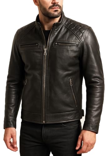Men's Real Leather Jacket - Motorcycle Black and Brown Lambskin Leather Jacket