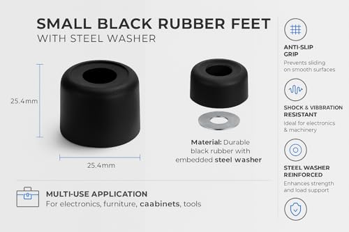 Image of Penn Elcom Small Black Rubber Feet with Steel Washer - Set of 12 | Protective Bumper for Electronics, Cabinets, Cases & Furniture | Anti-Slip, Vibration-Resistant (O - 25.4mm, H - 25.4mm)