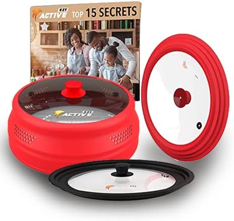 Universal Lids and Microwave Splatter Cover Bundle - Includes 2 Packs of Universal Lid for Pots and Pans, Frying Pan Covers in Black & Red, and a Collapsible Microwave Splatter Cover in Red