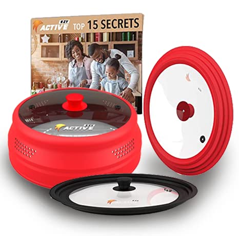 Universal Lids and Microwave Splatter Cover Bundle - Includes 2 Packs of Universal Lid for Pots and Pans, Frying Pan Covers in Black & Red, and a Collapsible Microwave Splatter Cover in Red