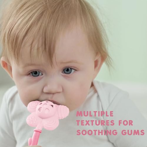 Image of Baby Teething Toys 3-6 Months, Teether and Sensory Rattle for Babies 0-6 Months, Food Grade Silicone Teethers 6-12 Months, Infant Teething Relief Chew Toys, Sunnyflower Teether Toy BPA Free - Pink